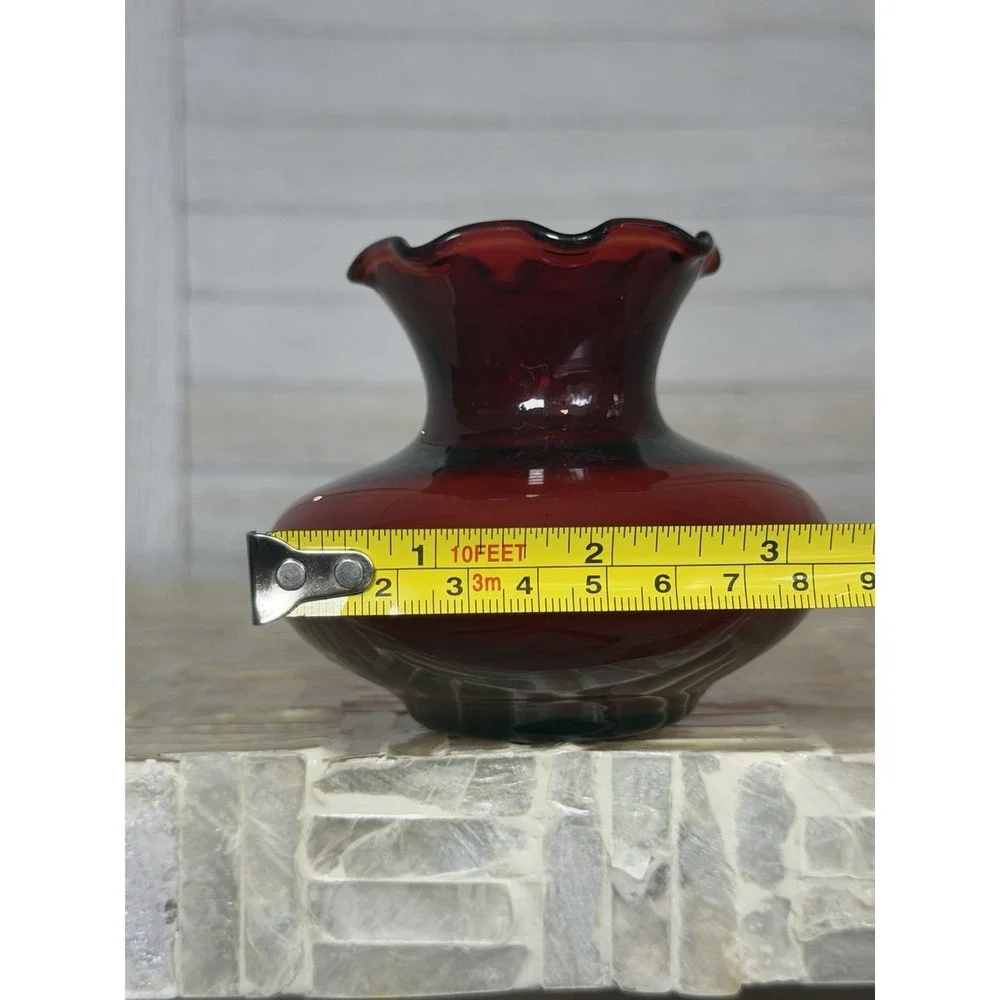 Vintage Ruby Red Blown Art Glass Vase with Ruffled Rim 3